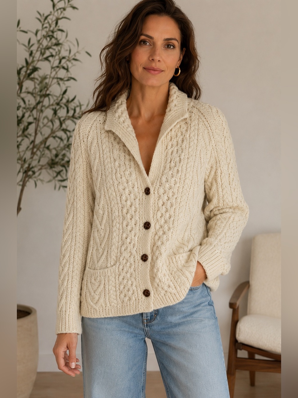 Hand Made By Noreen O’Sullivan Wool Cardigan  Knit Mexico Ivory Sz M See Notes
